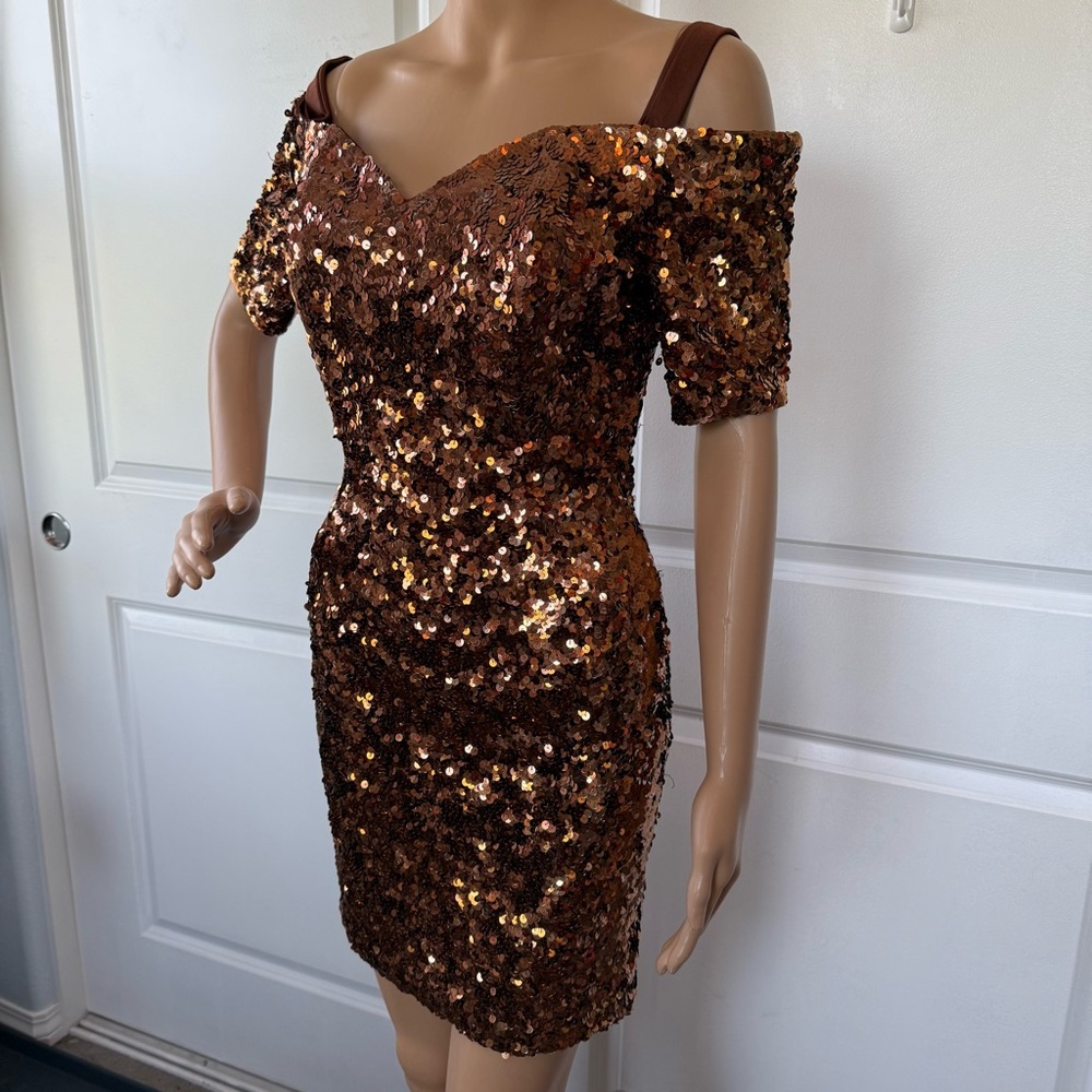 CACHE vintage 90s copper sequin off-shoulder sweetheart neckline dress 4